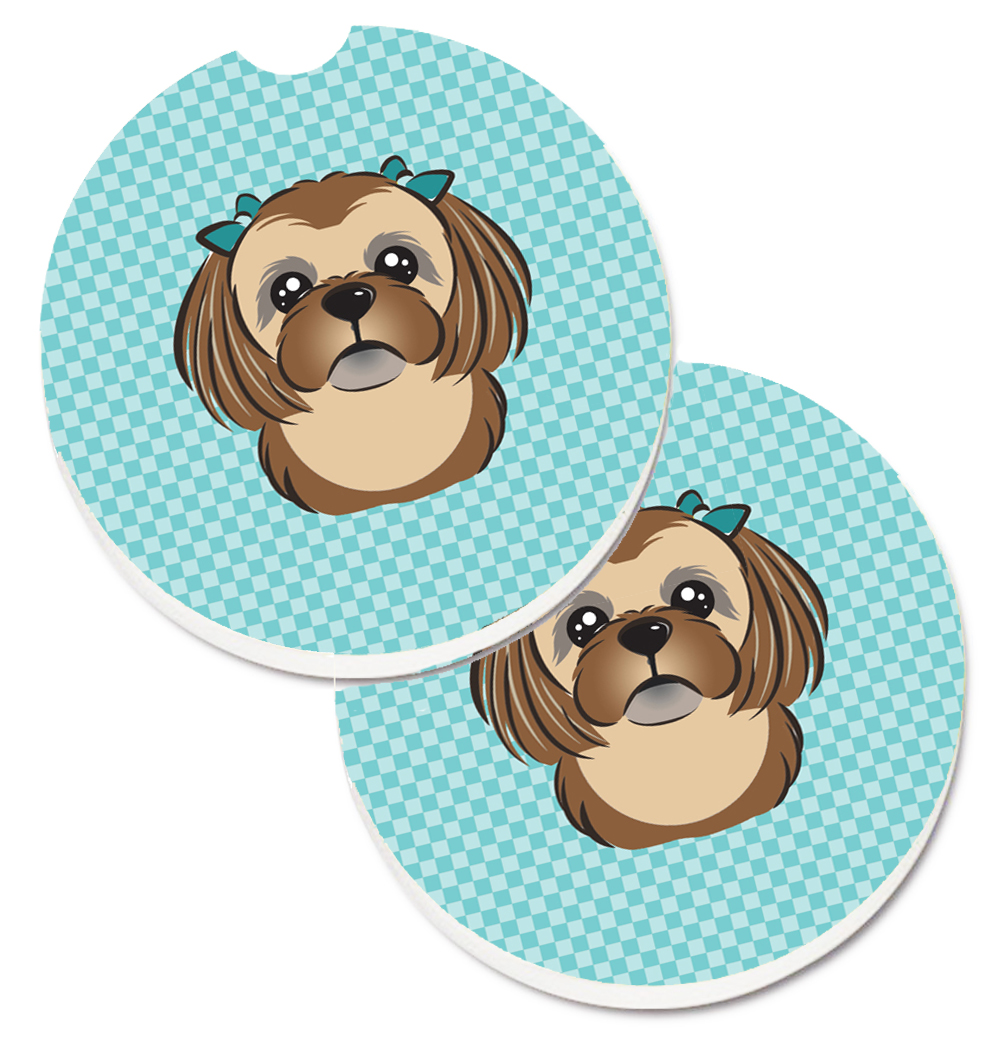 BB1187CARC Checkerboard Blue with Chocolate & Brown Shih Tzu Set of 2 Cup Holder Car Coaster