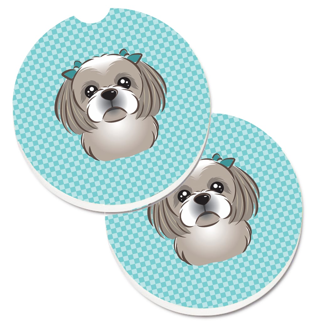 Checkerboard Blue with Grey & Silver Shih Tzu Set of 2 Cup Holder Car Coaster
