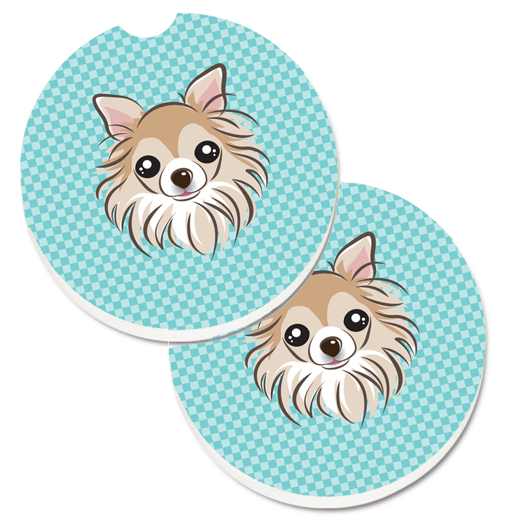 Checkerboard Blue Chihuahua Set of 2 Cup Holder Car Coaster