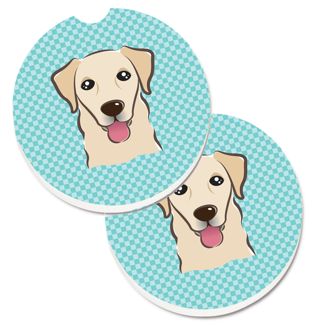 Checkerboard Blue Golden Retriever Set of 2 Cup Holder Car Coaster
