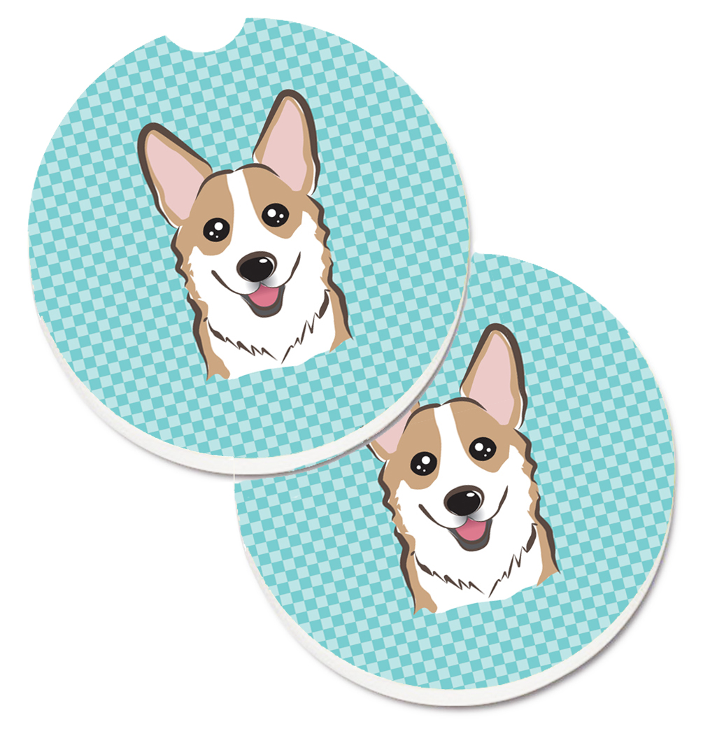 BB1191CARC Checkerboard Blue Corgi Set of 2 Cup Holder Car Coaster