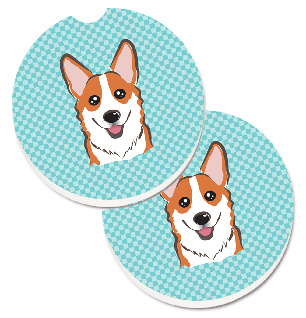 Checkerboard Blue Corgi Set of 2 Cup Holder Car Coaster