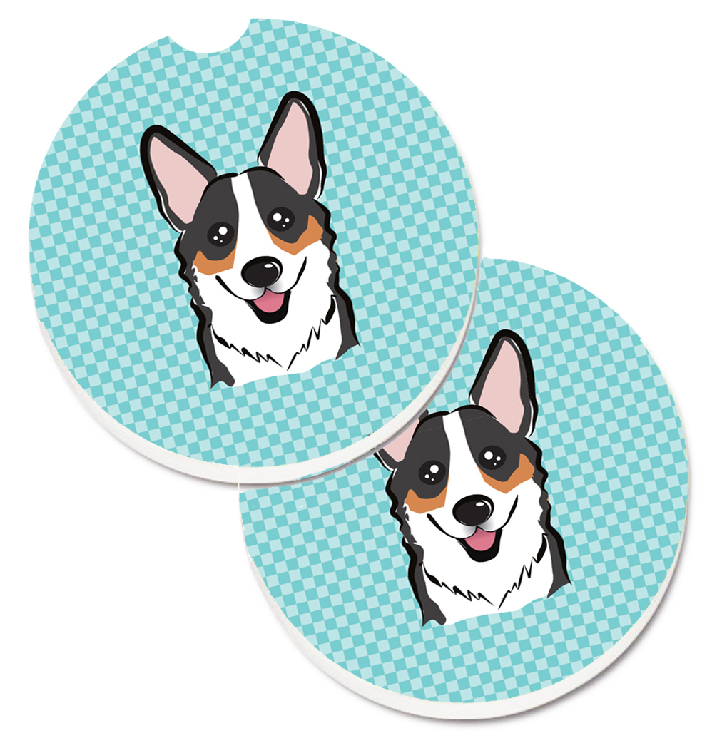 Checkerboard Blue Corgi Set of 2 Cup Holder Car Coaster