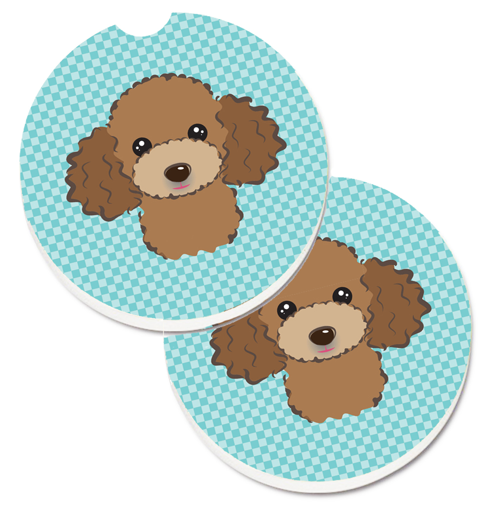 Checkerboard Blue with Chocolate & Brown Poodle Set of 2 Cup Holder Car Coaster