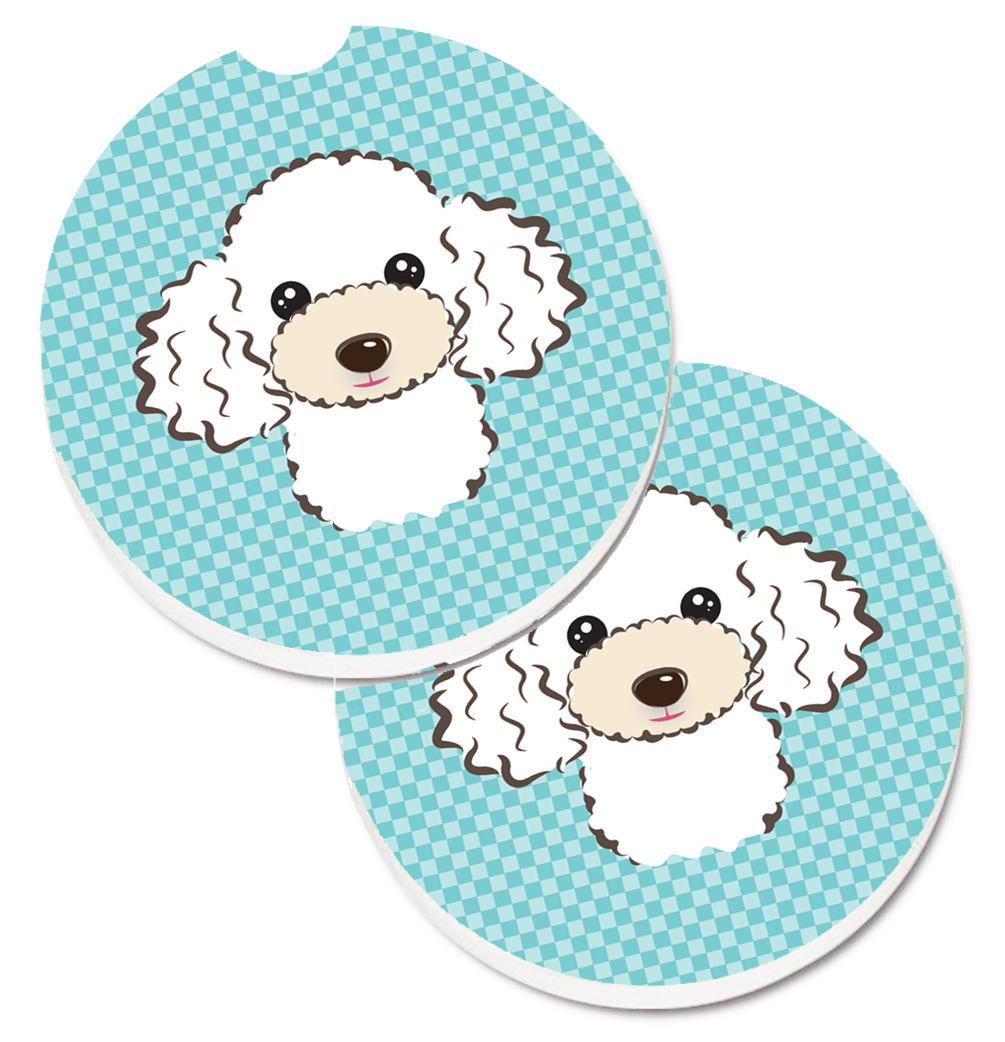 Checkerboard Blue & White Poodle Set of 2 Cup Holder Car Coaster