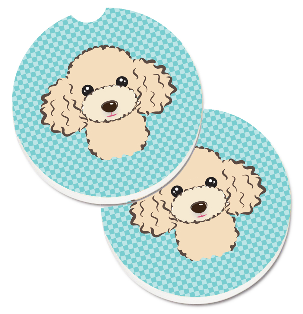Checkerboard Blue Buff Poodle Set of 2 Cup Holder Car Coaster