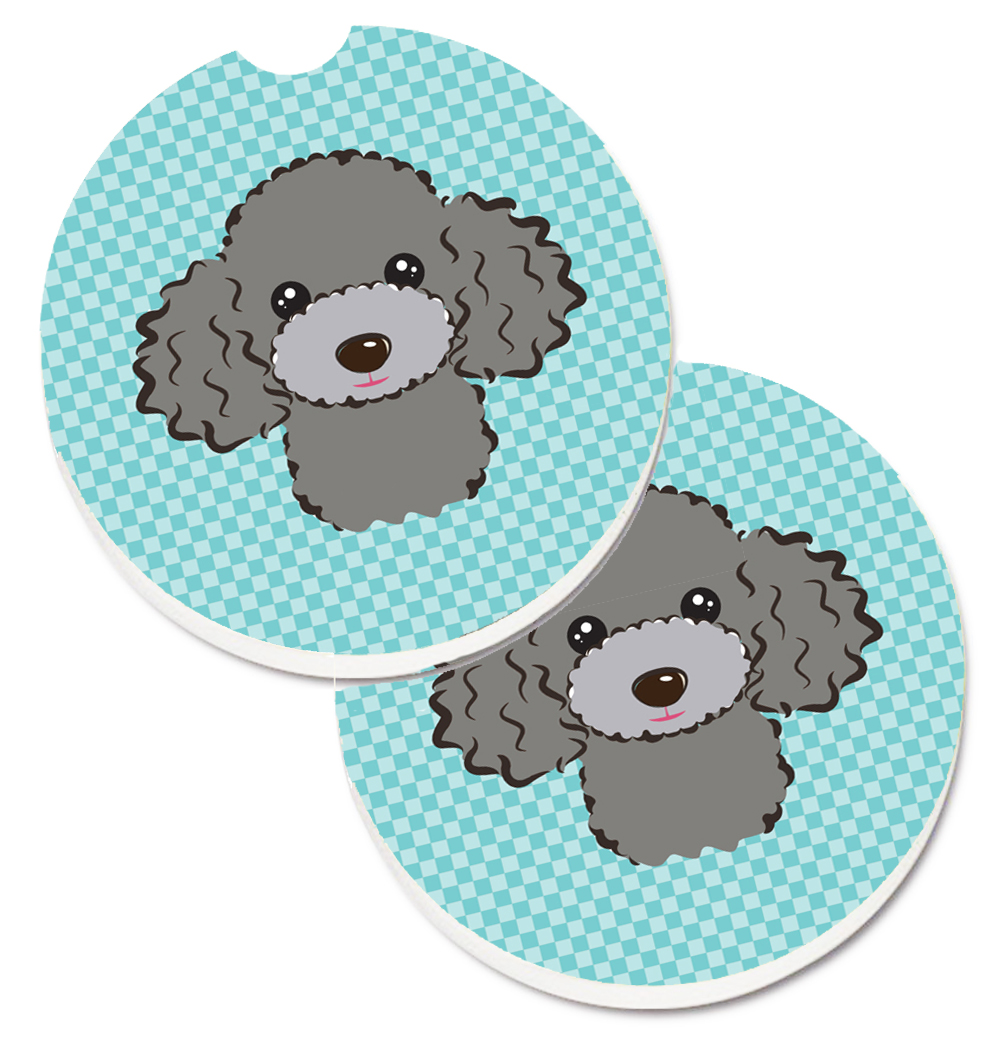 Checkerboard Blue Silver & Grey Poodle Set of 2 Cup Holder Car Coaster