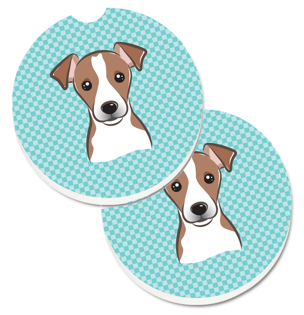 Checkerboard Blue Jack Russell Terrier Set of 2 Cup Holder Car Coaster