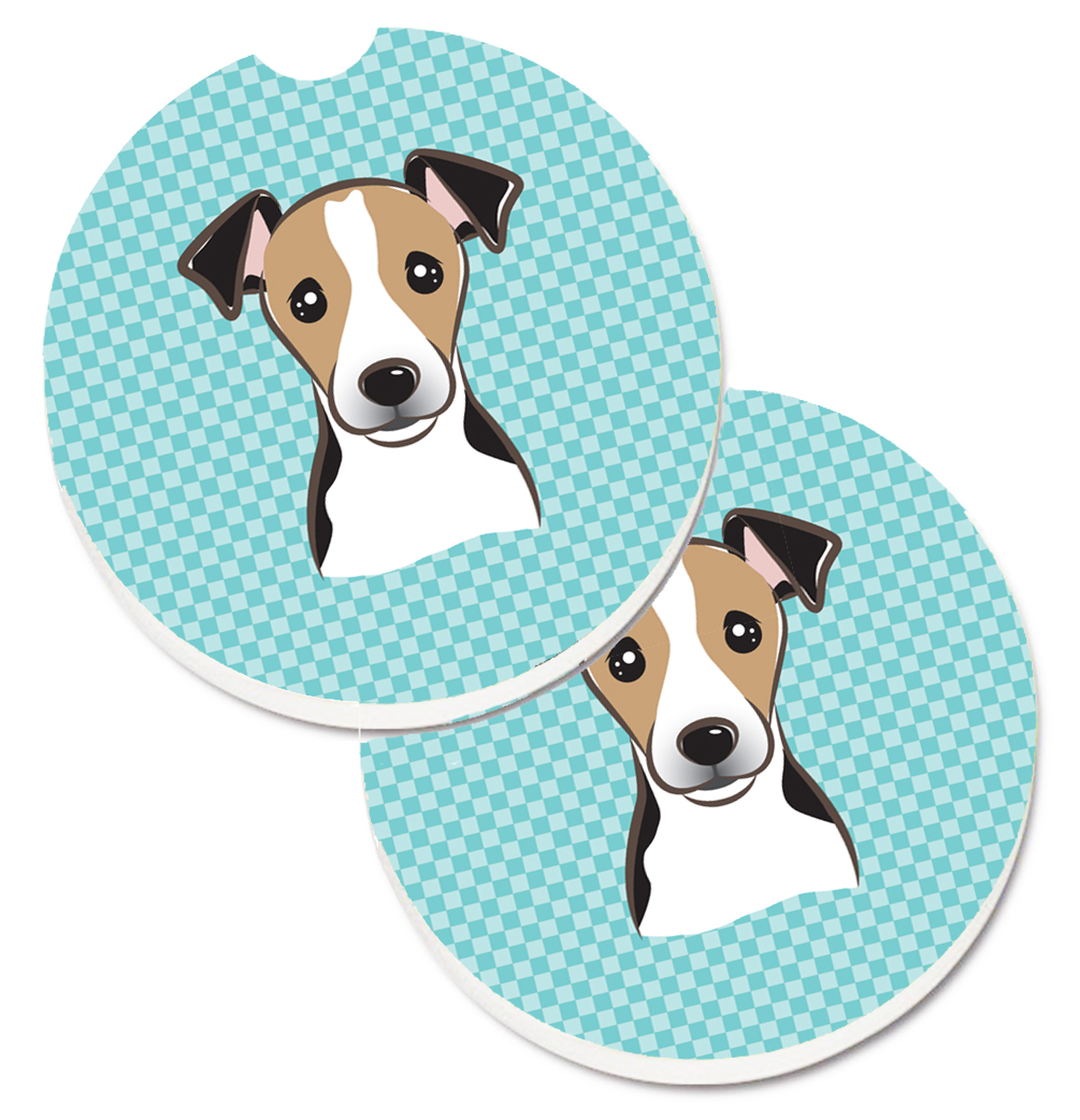 Checkerboard Blue Jack Russell Terrier Set of 2 Cup Holder Car Coaster