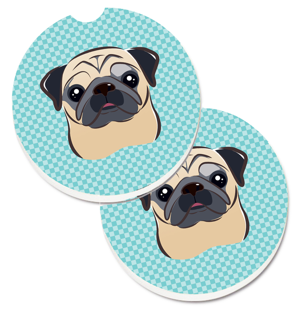 Checkerboard Blue Fawn Pug Set of 2 Cup Holder Car Coaster