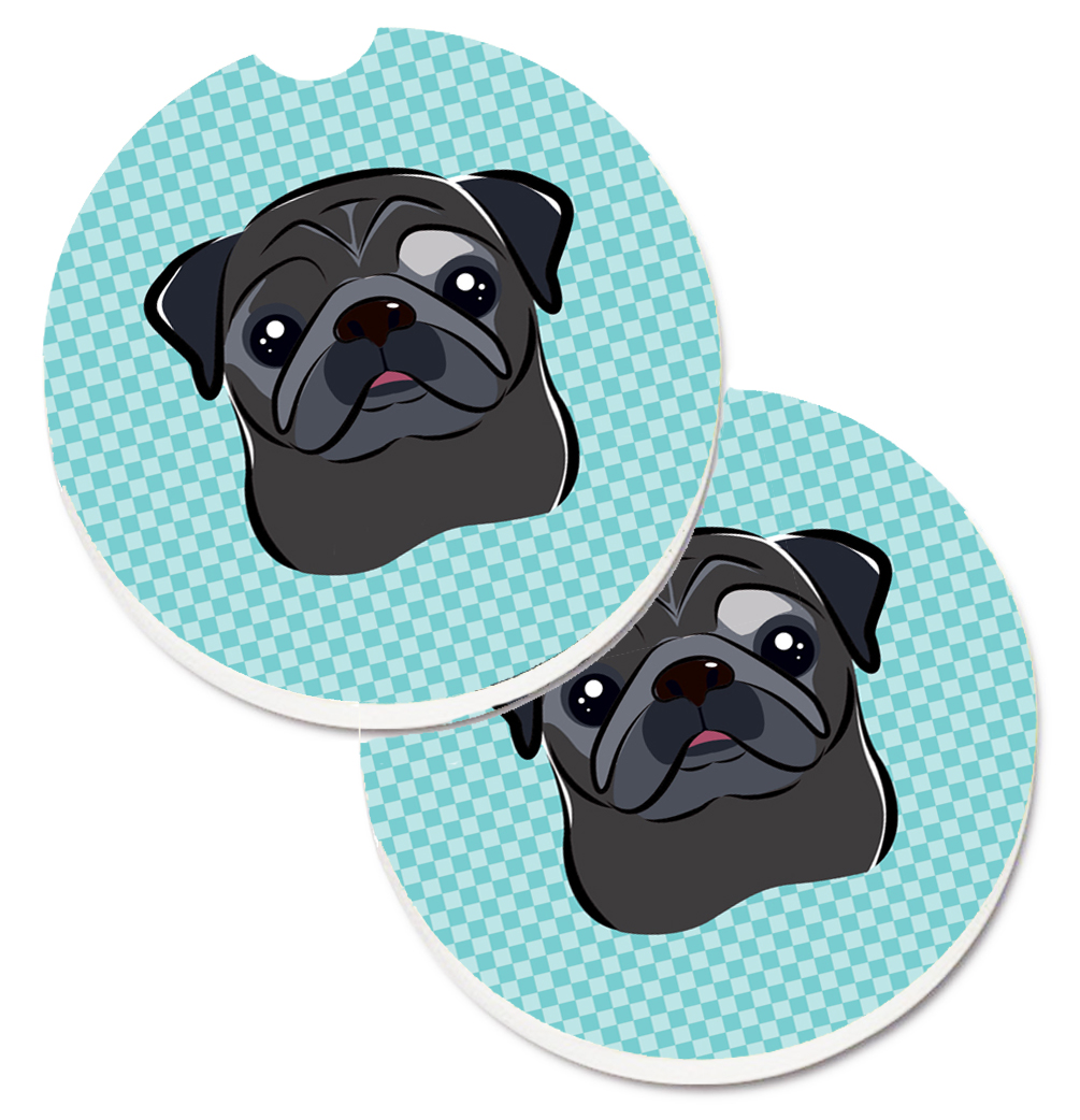 BB1201CARC Checkerboard Blue & Black Pug Set of 2 Cup Holder Car Coaster