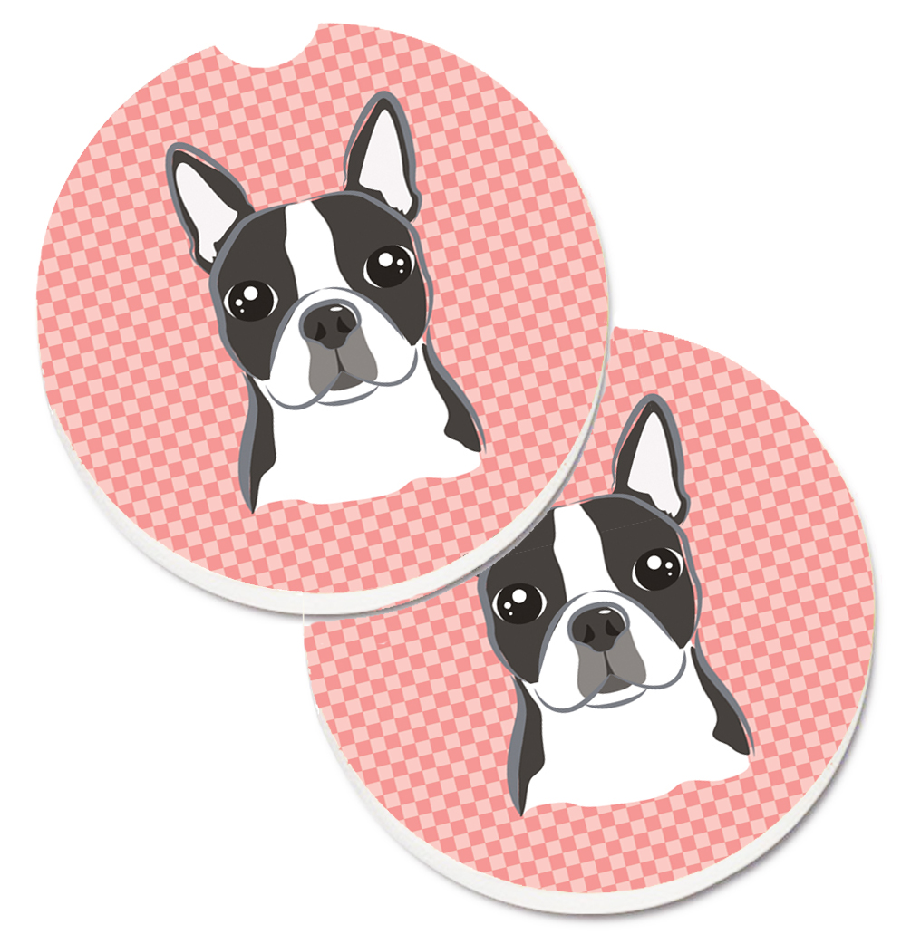 Checkerboard Pink Boston Terrier Set of 2 Cup Holder Car Coaster