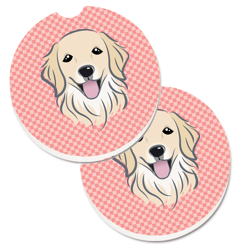 Checkerboard Pink Golden Retriever Set of 2 Cup Holder Car Coaster