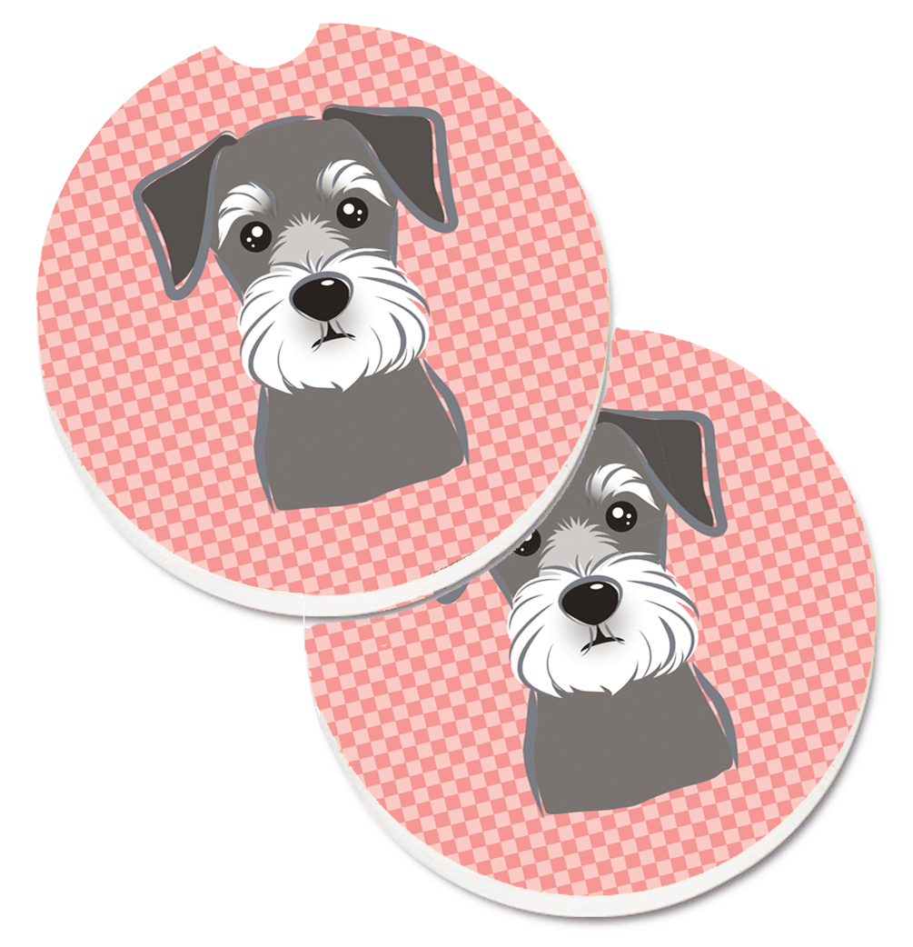 BB1206CARC Checkerboard Pink Schnauzer Set of 2 Cup Holder Car Coaster