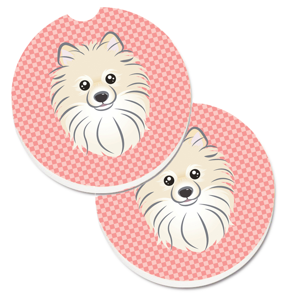 Checkerboard Pink Pomeranian Set of 2 Cup Holder Car Coaster