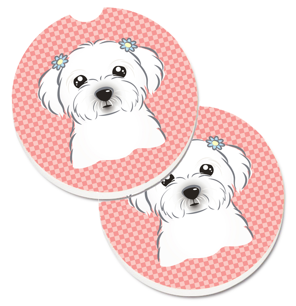 BB1208CARC Checkerboard Pink Maltese Set of 2 Cup Holder Car Coaster