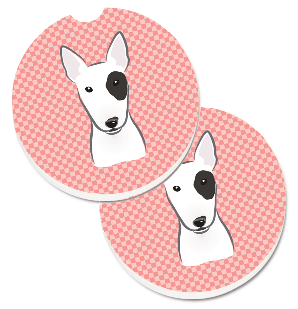 Checkerboard Pink Bull Terrier Set of 2 Cup Holder Car Coaster
