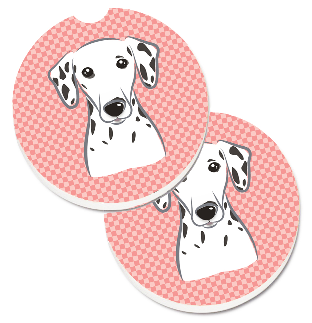 Checkerboard Pink Dalmatian Set of 2 Cup Holder Car Coaster