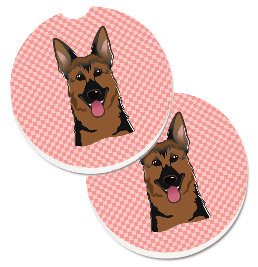 Checkerboard Pink German Shepherd Set of 2 Cup Holder Car Coaster