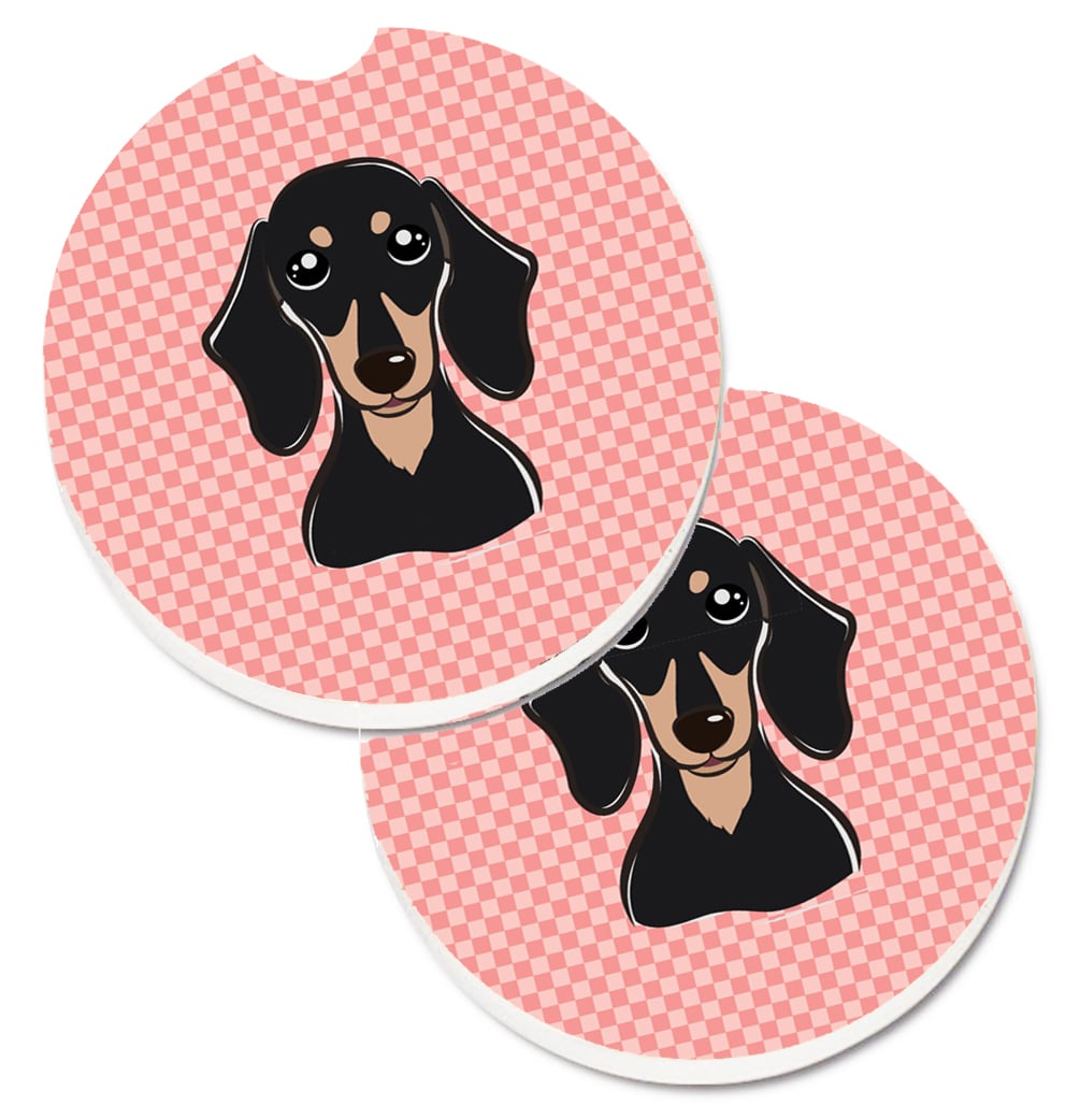 Checkerboard Pink Smooth Black & Tan Dachshund Set of 2 Cup Holder Car Coaster