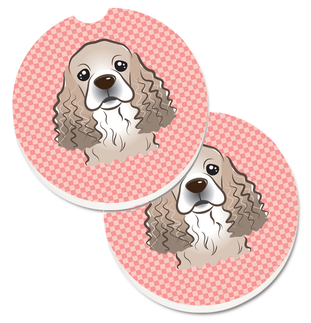 Checkerboard Pink Cocker Spaniel Set of 2 Cup Holder Car Coaster