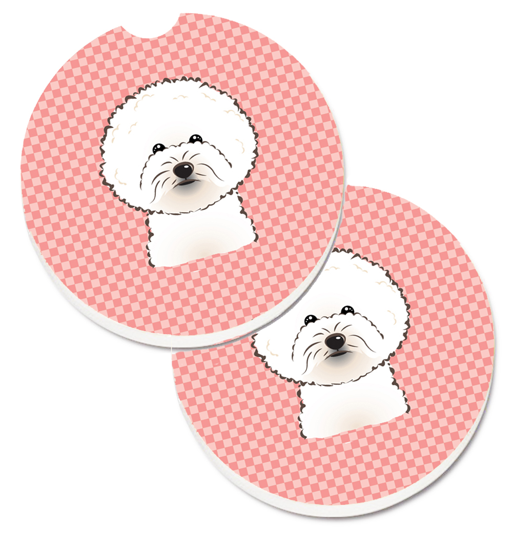 Checkerboard Pink Bichon Frise Set of 2 Cup Holder Car Coaster