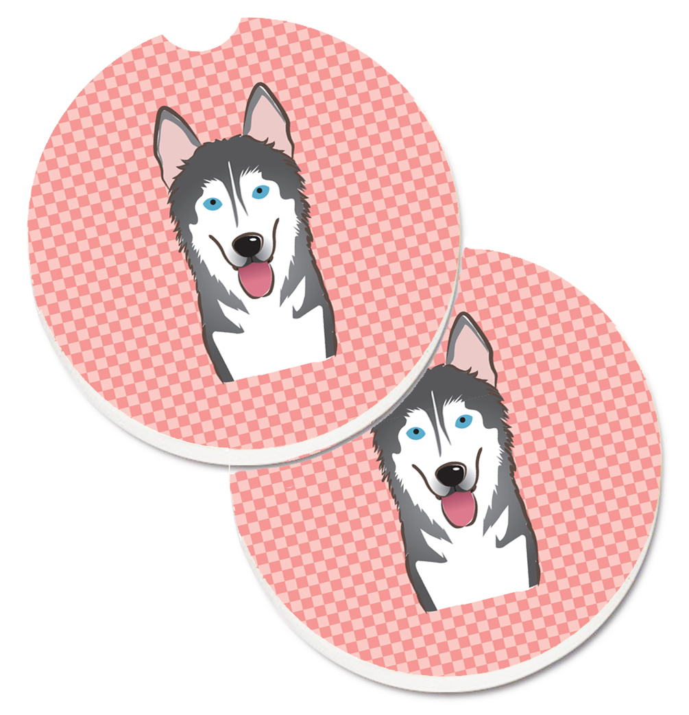 Checkerboard Pink Alaskan Malamute Set of 2 Cup Holder Car Coaster
