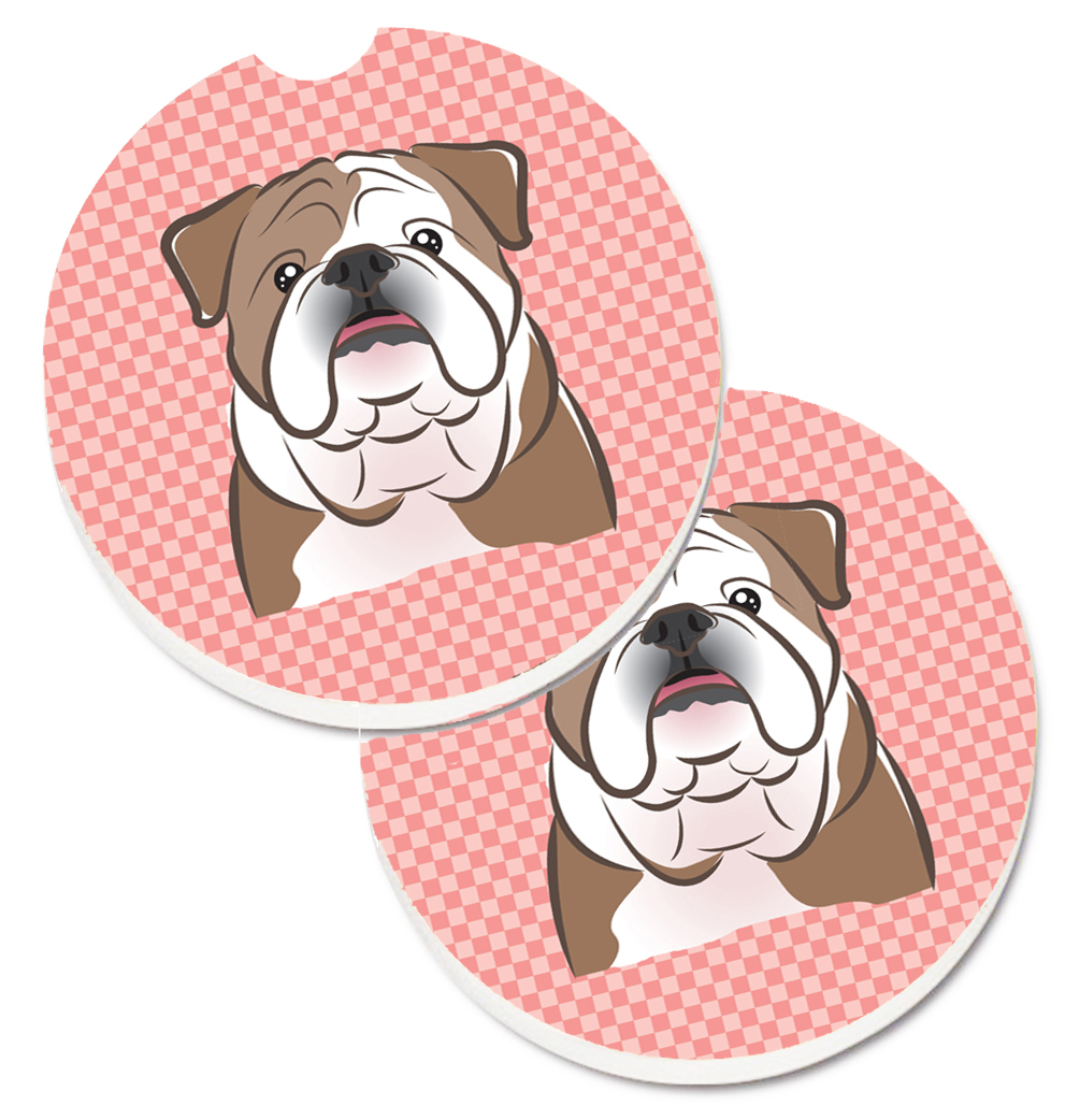 BB1219CARC Checkerboard Pink English Bulldog Set of 2 Cup Holder Car Coaster