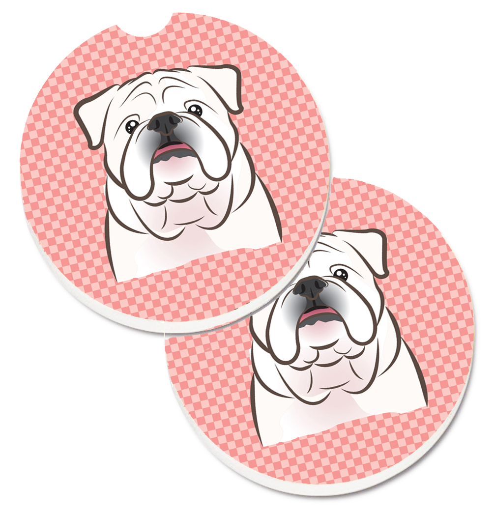 BB1220CARC Checkerboard Pink & White English Bulldog Set of 2 Cup Holder Car Coaster