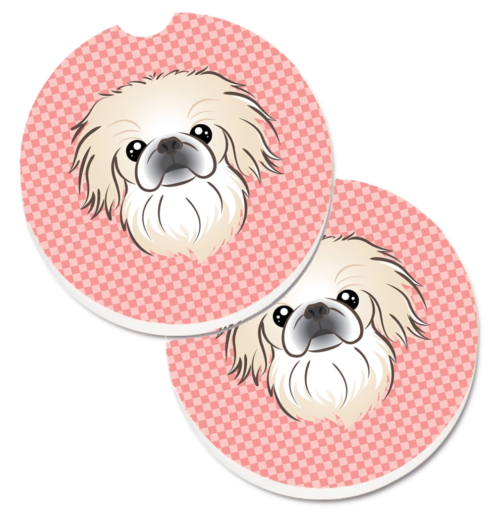 BB1221CARC Checkerboard Pink Pekingese Set of 2 Cup Holder Car Coaster