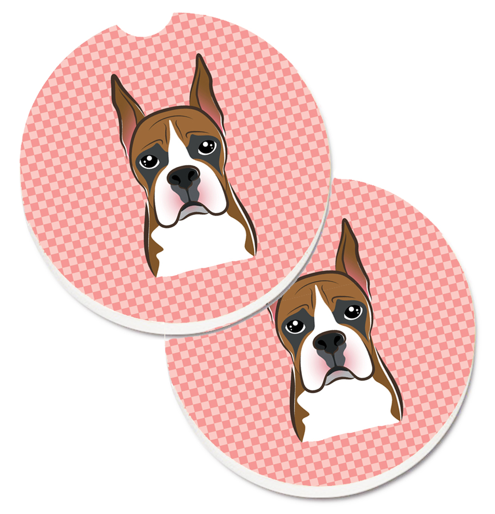 Checkerboard Pink Boxer Set of 2 Cup Holder Car Coaster