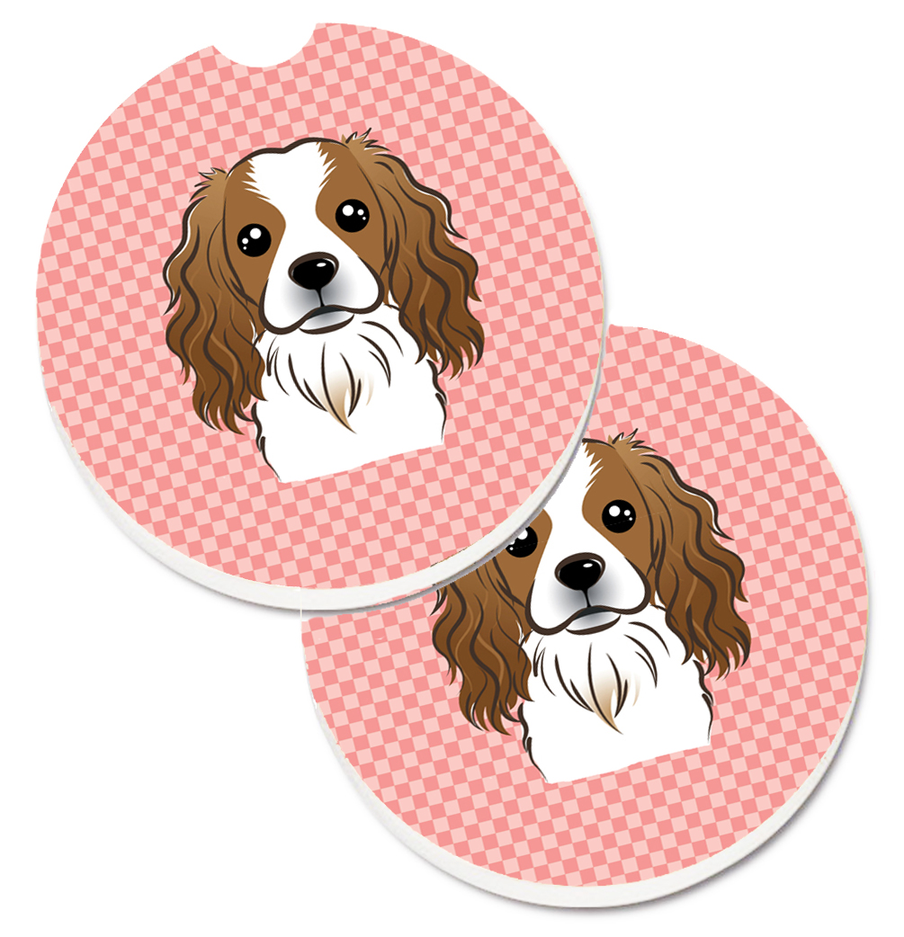 Checkerboard Pink Cavalier Spaniel Set of 2 Cup Holder Car Coaster
