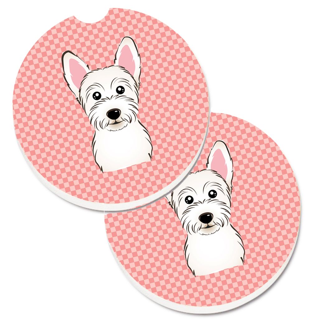 Checkerboard Pink Westie Set of 2 Cup Holder Car Coaster