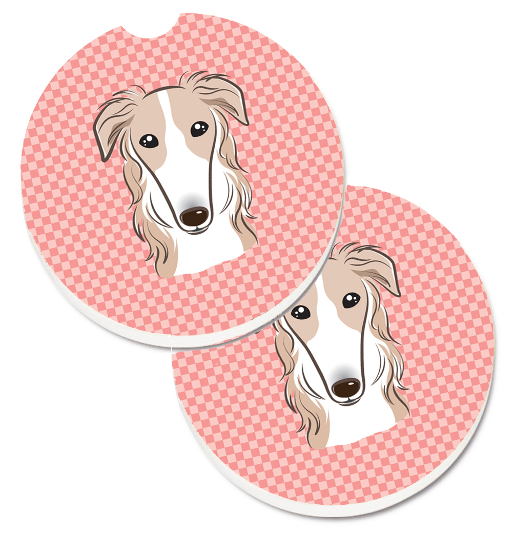 Checkerboard Pink Borzoi Set of 2 Cup Holder Car Coaster