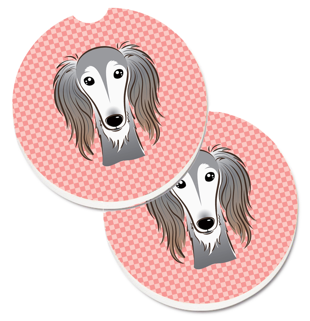 Checkerboard Pink Saluki Set of 2 Cup Holder Car Coaster
