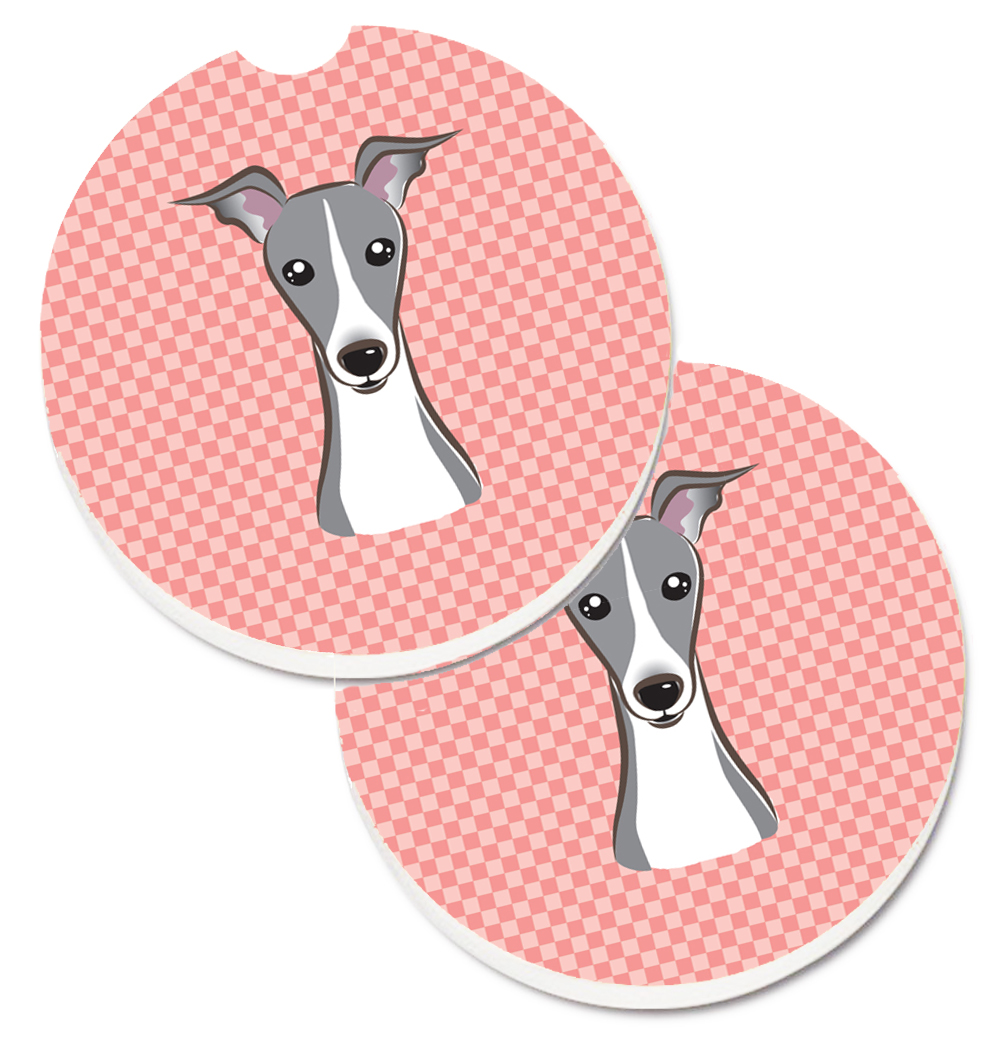 BB1236CARC Checkerboard Pink Italian Greyhound Set of 2 Cup Holder Car Coaster