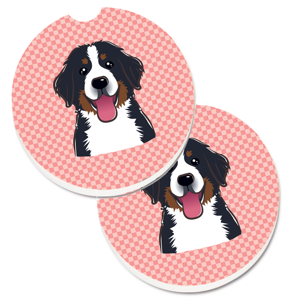 BB1237CARC Checkerboard Pink Bernese Mountain Dog Set of 2 Cup Holder Car Coaster