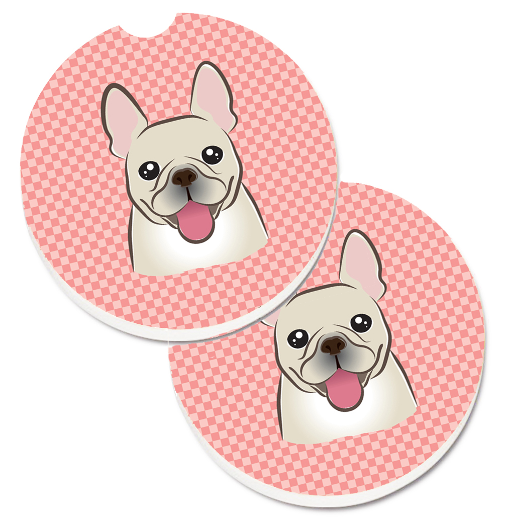 BB1238CARC Checkerboard Pink French Bulldog Set of 2 Cup Holder Car Coaster