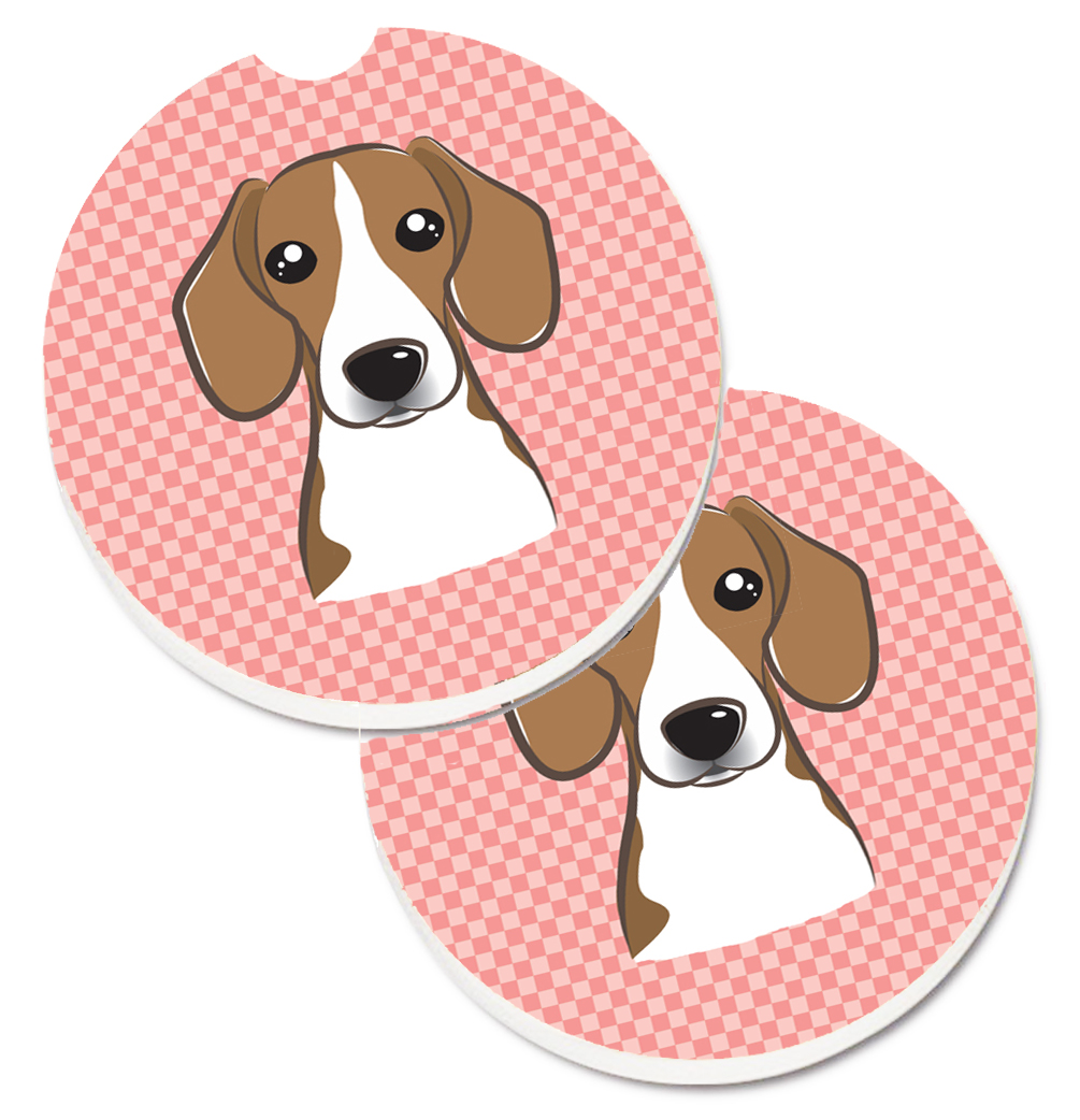 Checkerboard Pink Beagle Set of 2 Cup Holder Car Coaster