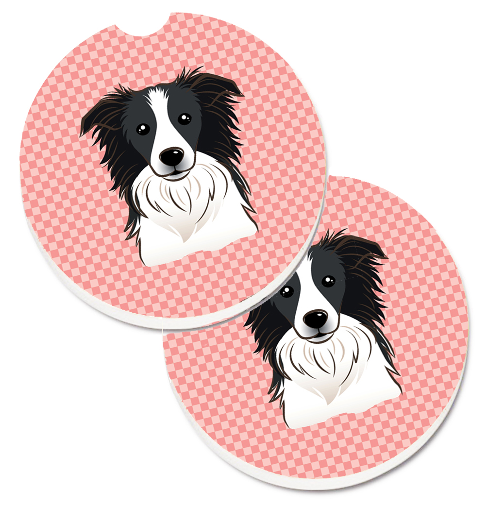 BB1241CARC Checkerboard Pink Border Collie Set of 2 Cup Holder Car Coaster