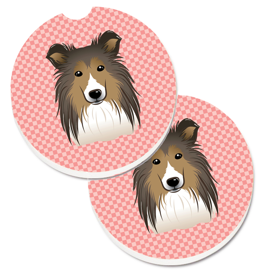 Checkerboard Pink Sheltie Set of 2 Cup Holder Car Coaster