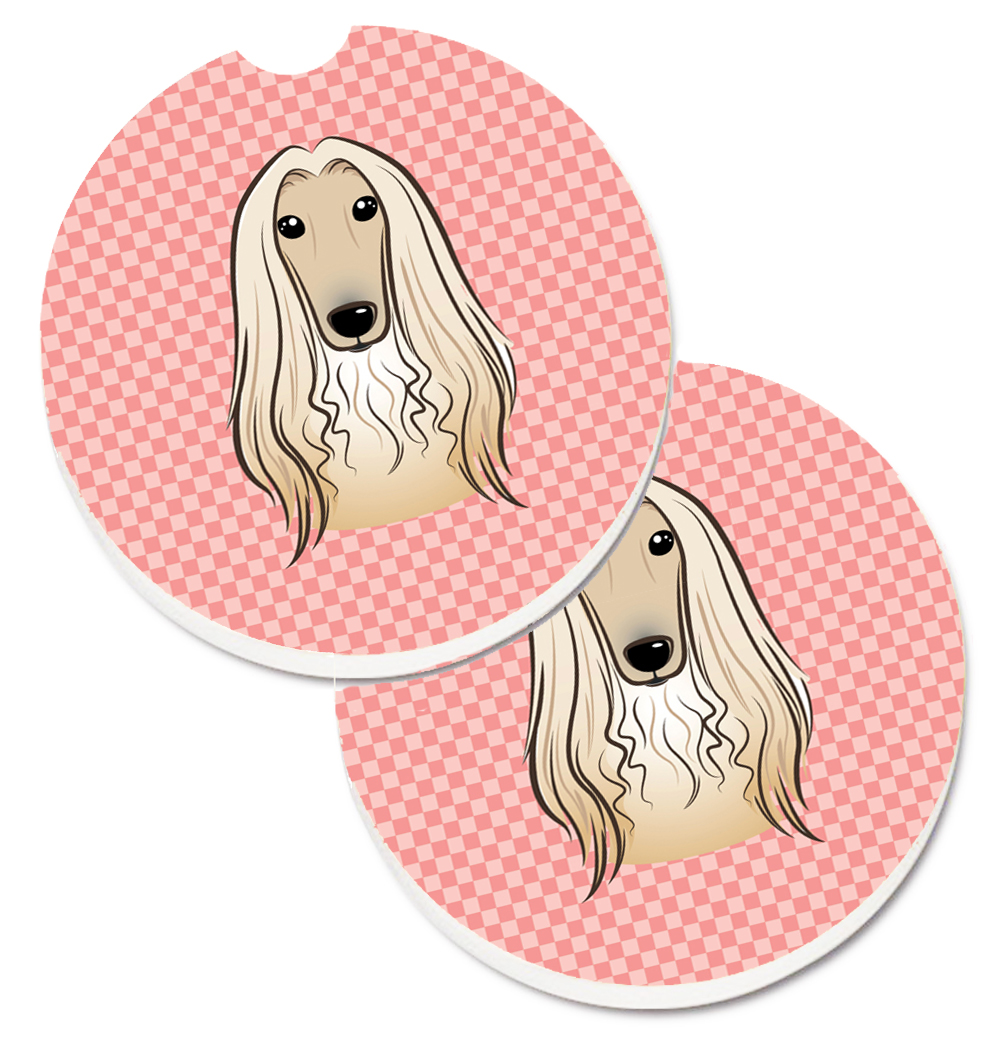 Checkerboard Pink Afghan Hound Set of 2 Cup Holder Car Coaster