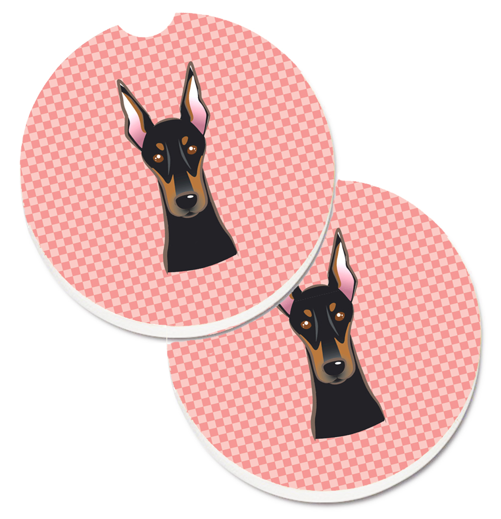 BB1245CARC Checkerboard Pink Doberman Set of 2 Cup Holder Car Coaster