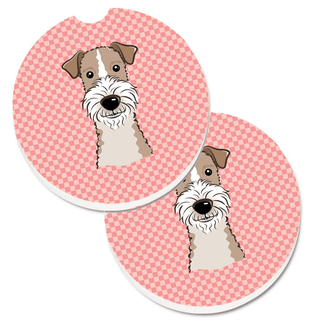 Checkerboard Pink Wire Haired Fox Terrier Set of 2 Cup Holder Car Coaster