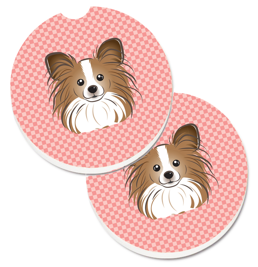 BB1248CARC Checkerboard Pink Papillon Set of 2 Cup Holder Car Coaster