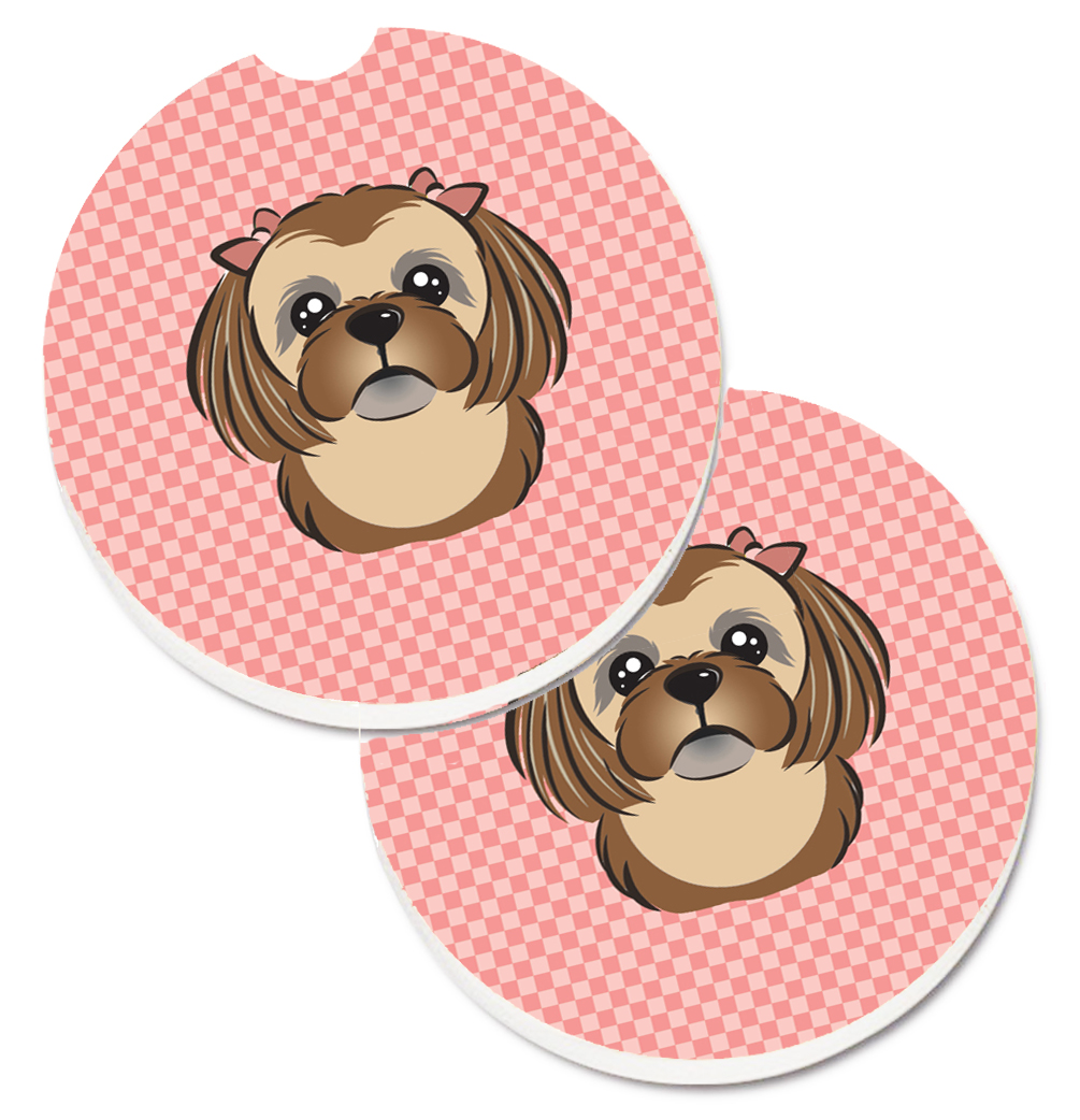 BB1249CARC Checkerboard Pink with Chocolate & Brown Shih Tzu Set of 2 Cup Holder Car Coaster