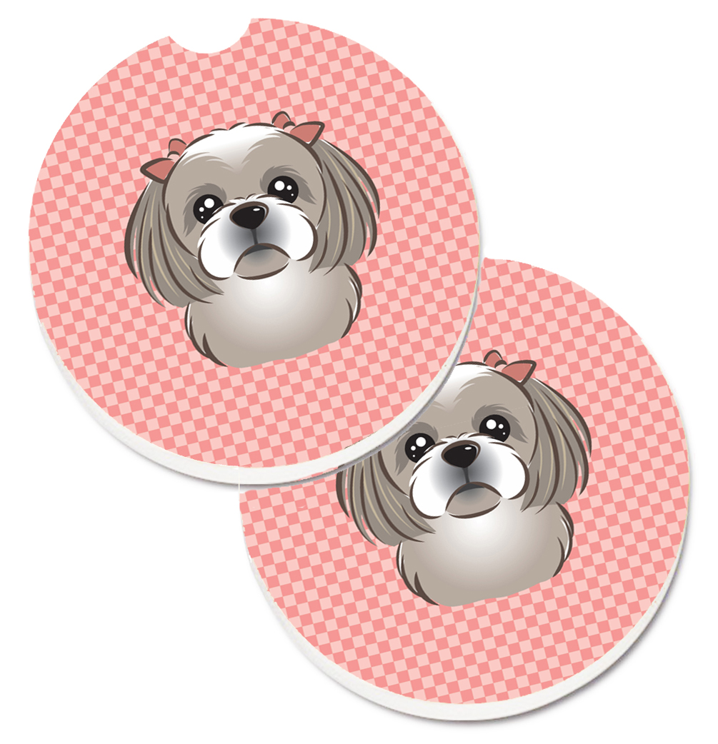 BB1250CARC Checkerboard Pink with Grey & Silver Shih Tzu Set of 2 Cup Holder Car Coaster