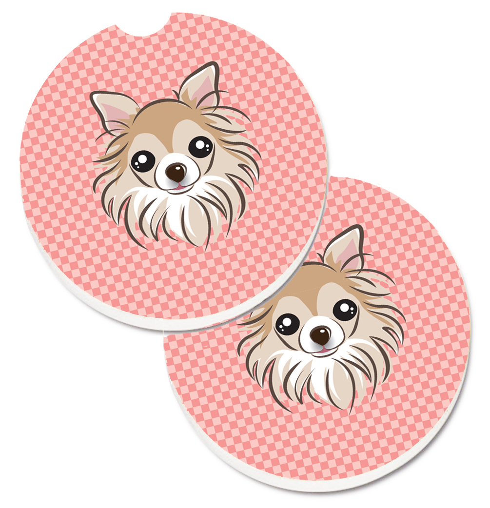 Checkerboard Pink Chihuahua Set of 2 Cup Holder Car Coaster