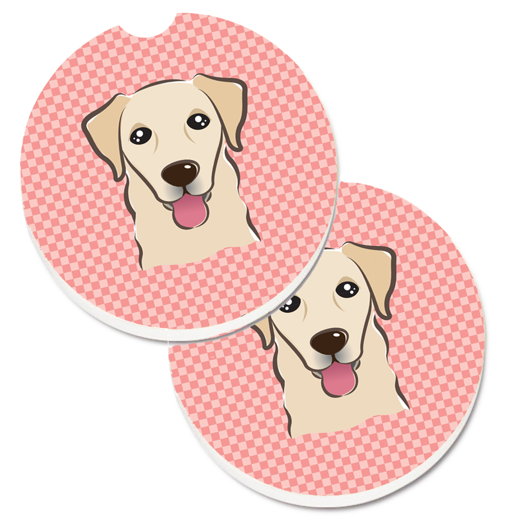 Checkerboard Pink Golden Retriever Set of 2 Cup Holder Car Coaster