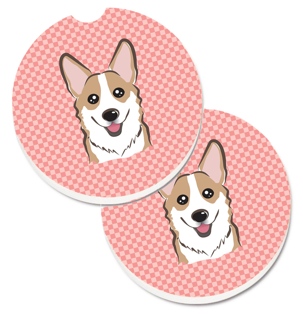 Checkerboard Pink Corgi Set of 2 Cup Holder Car Coaster